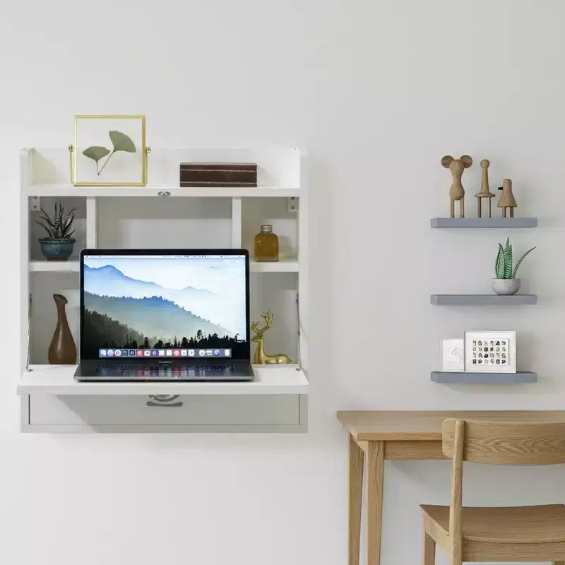 Bureau mural pliant Basicwise pour ordinateur portable, écriture, ordinateur ou maquillage avec étagères de rangement et tiroir