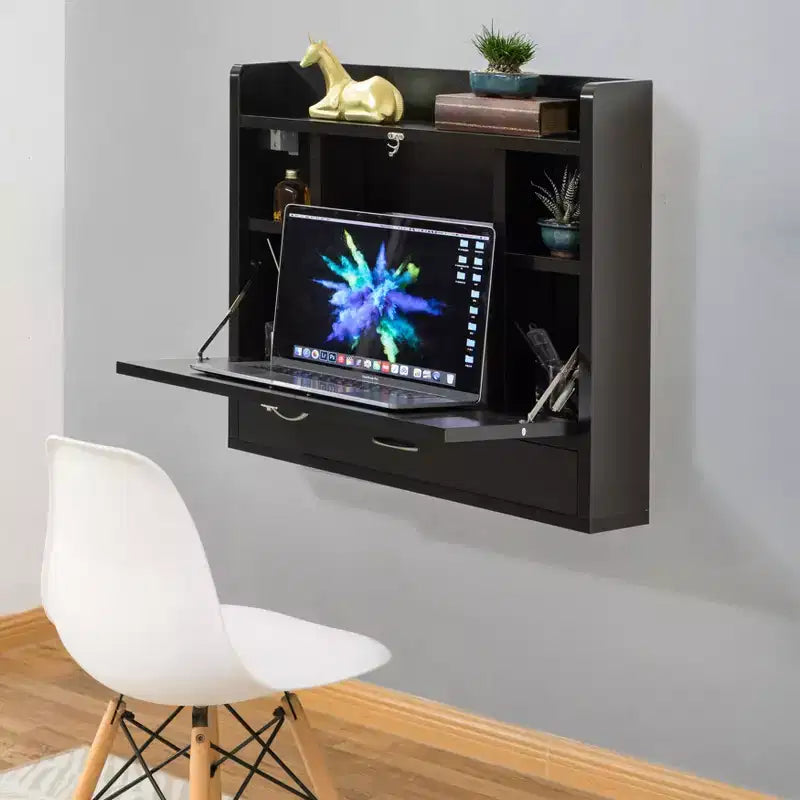 Bureau mural pliant Basicwise pour ordinateur portable, écriture, ordinateur ou maquillage avec étagères de rangement et tiroir