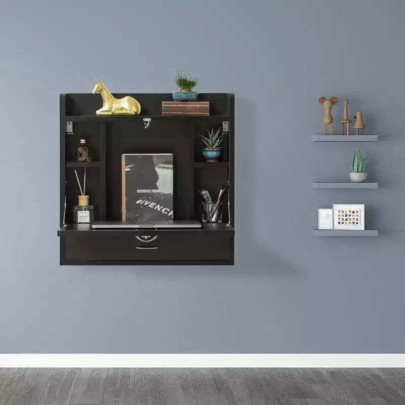 Bureau mural pliant Basicwise pour ordinateur portable, écriture, ordinateur ou maquillage avec étagères de rangement et tiroir