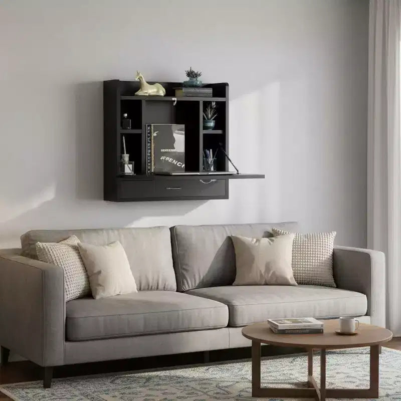 Bureau mural pliant Basicwise pour ordinateur portable, écriture, ordinateur ou maquillage avec étagères de rangement et tiroir