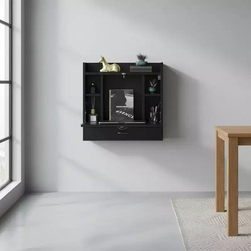 Bureau mural pliant Basicwise pour ordinateur portable, écriture, ordinateur ou maquillage avec étagères de rangement et tiroir
