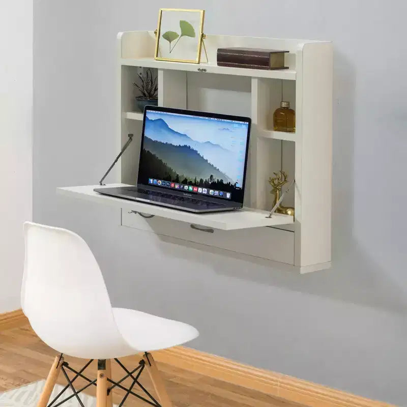 Bureau mural pliant Basicwise pour ordinateur portable, écriture, ordinateur ou maquillage avec étagères de rangement et tiroir