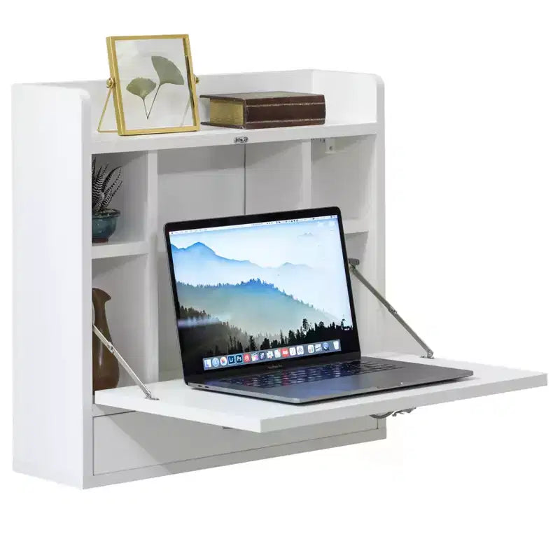 Bureau mural pliant Basicwise pour ordinateur portable, écriture, ordinateur ou maquillage avec étagères de rangement et tiroir
