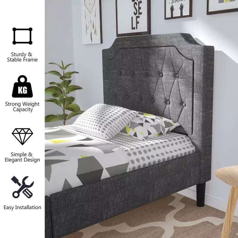 Cadre de lit plateforme capitonné jumeau Costway avec tête de lit en lin et sommier, gris