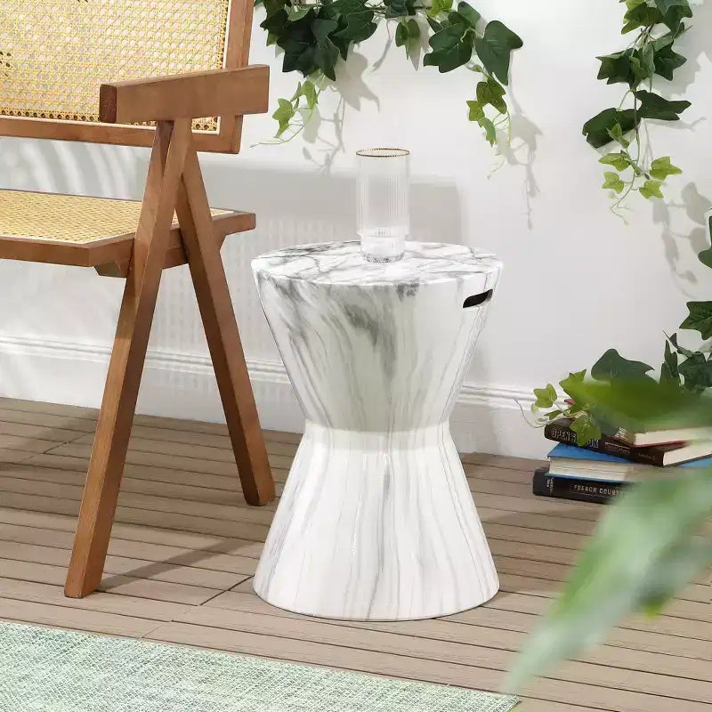 JONATHAN Y Tabouret de jardin/table d'appoint en céramique avec finition marbre blanc 17,3, motif tambour africain