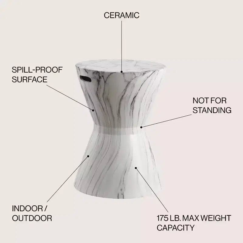 JONATHAN Y Tabouret de jardin/table d'appoint en céramique avec finition marbre blanc 17,3, motif tambour africain