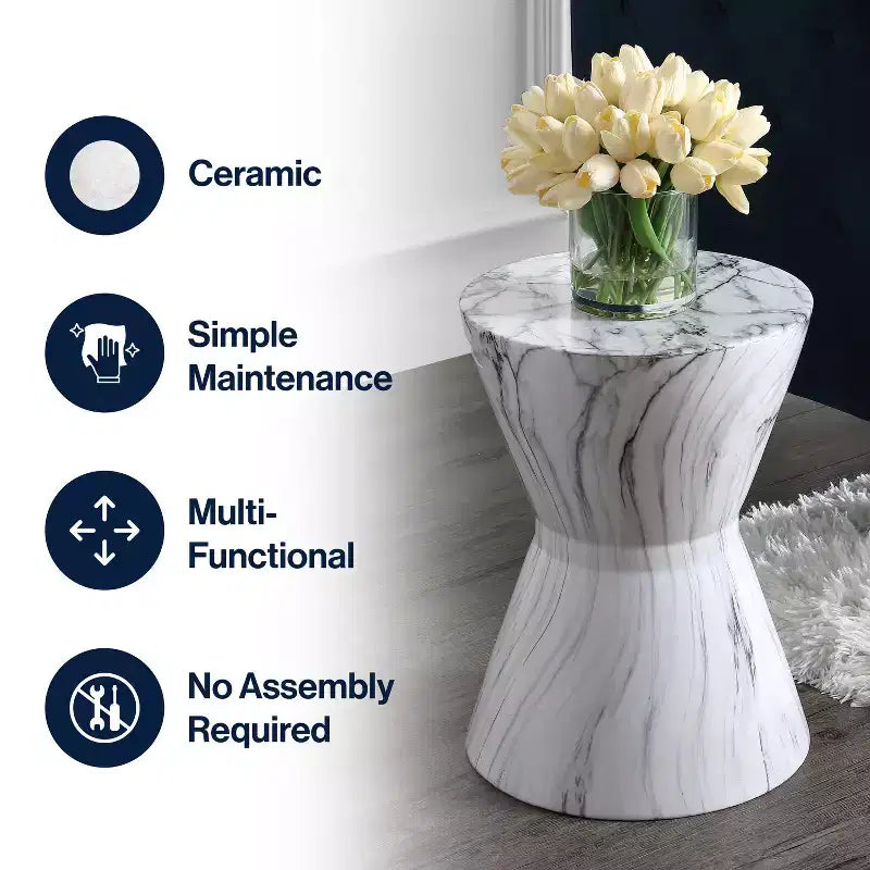 JONATHAN Y Tabouret de jardin/table d'appoint en céramique avec finition marbre blanc 17,3, motif tambour africain