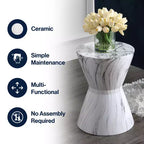 JONATHAN Y Tabouret de jardin/table d'appoint en céramique avec finition marbre blanc 17,3, motif tambour africain