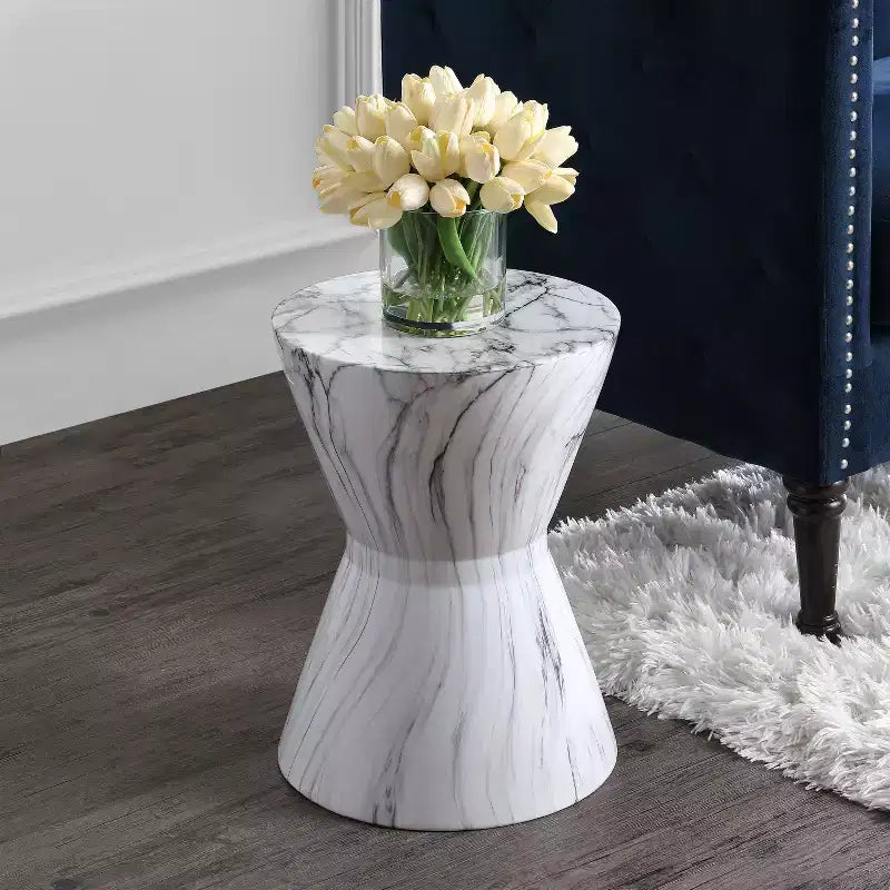 JONATHAN Y Tabouret de jardin/table d'appoint en céramique avec finition marbre blanc 17,3, motif tambour africain