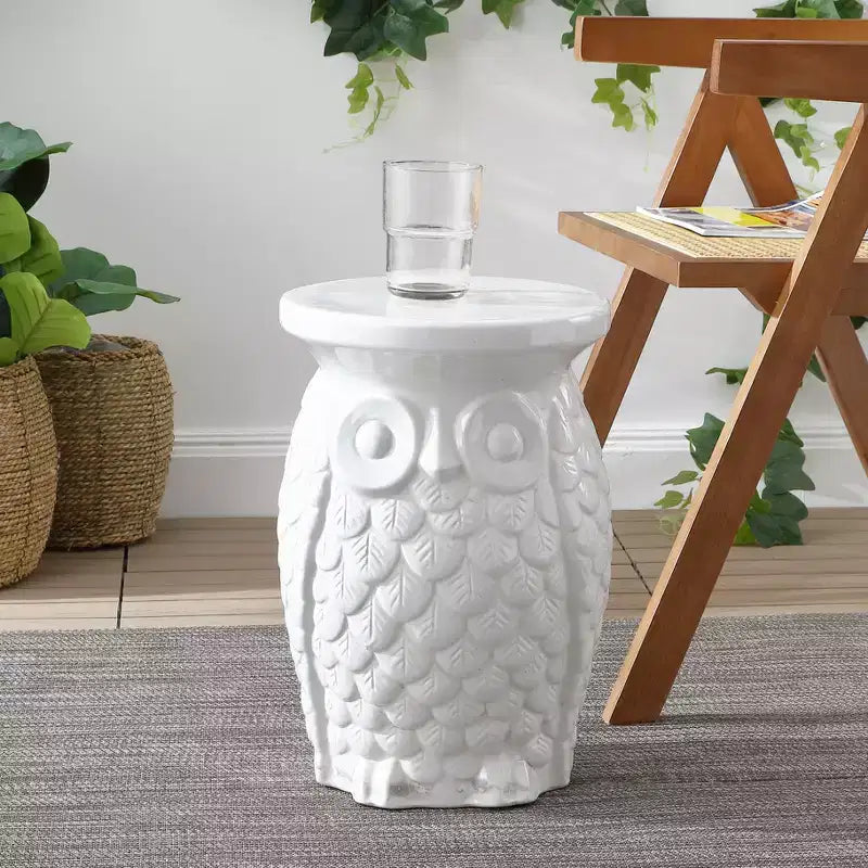 JONATHAN Y Groovy Owl Tabouret de jardin/Table d'appoint en céramique 17,5", Blanc