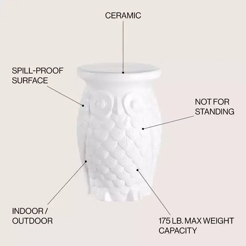 JONATHAN Y Groovy Owl Tabouret de jardin/Table d'appoint en céramique 17,5", Blanc