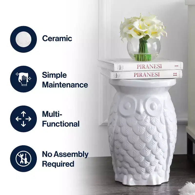 JONATHAN Y Groovy Owl Tabouret de jardin/Table d'appoint en céramique 17,5", Blanc