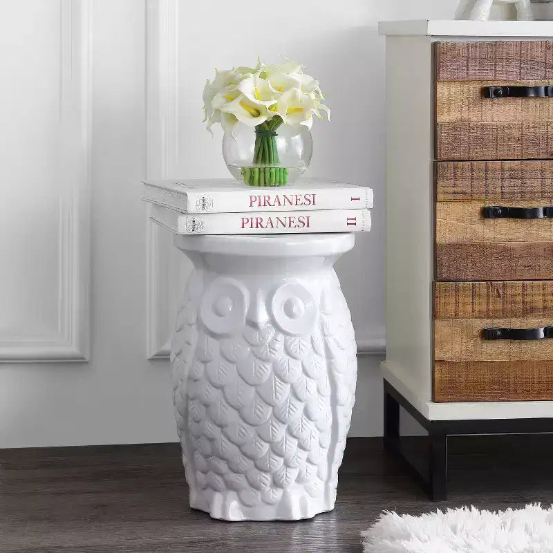 JONATHAN Y Groovy Owl Tabouret de jardin/Table d'appoint en céramique 17,5", Blanc