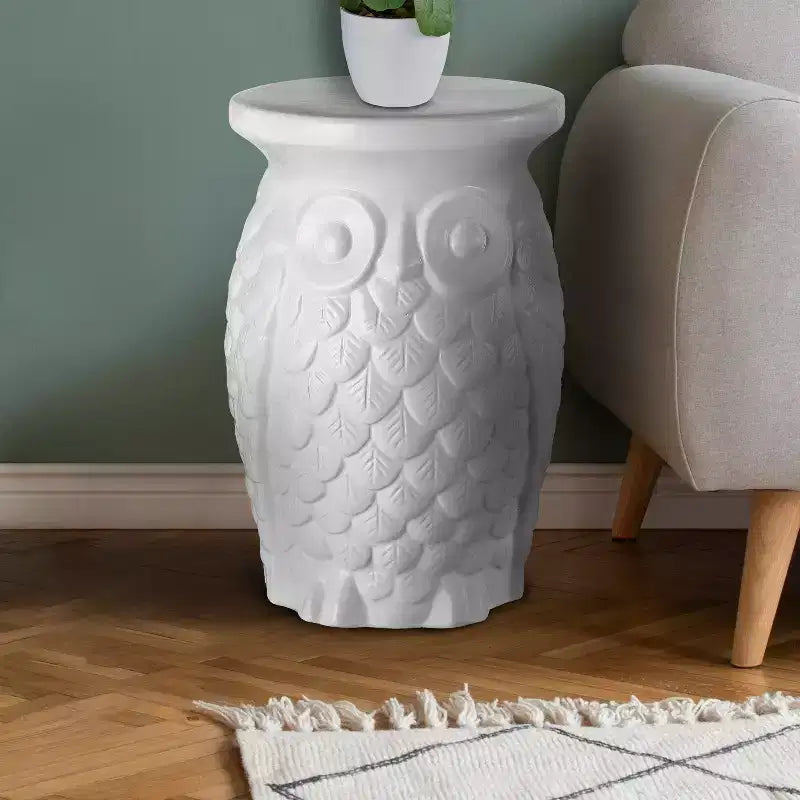 JONATHAN Y Groovy Owl Tabouret de jardin/Table d'appoint en céramique 17,5", Blanc