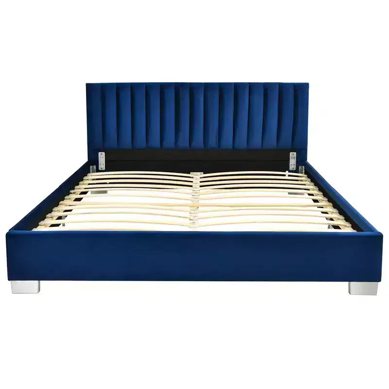 Cadre de lit rembourré Costway taille double moderne avec tête de lit capitonnée verticale, sommier tapissier non requis, bleu marine/gris