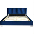 Cadre de lit rembourré Costway taille double moderne avec tête de lit capitonnée verticale, sommier tapissier non requis, bleu marine/gris
