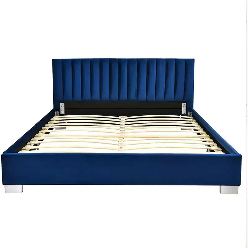 Cadre de lit rembourré Costway taille double moderne avec tête de lit capitonnée verticale, sommier tapissier non requis, bleu marine/gris
