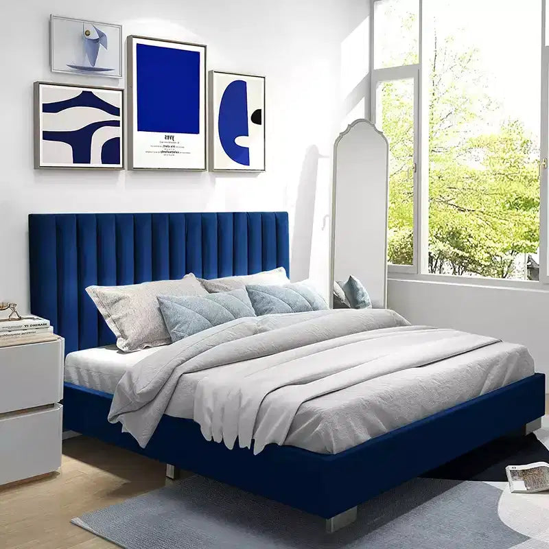 Cadre de lit rembourré Costway taille double moderne avec tête de lit capitonnée verticale, sommier tapissier non requis, bleu marine/gris