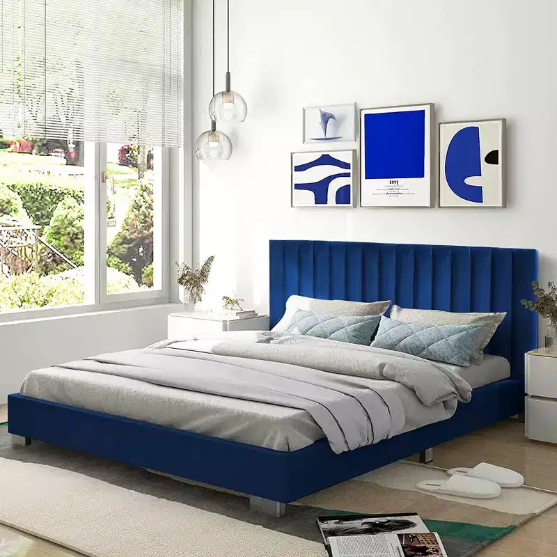 Cadre de lit rembourré Costway taille double moderne avec tête de lit capitonnée verticale, sommier tapissier non requis, bleu marine/gris
