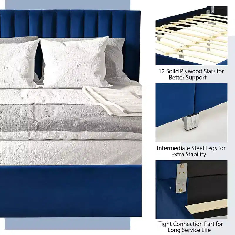 Cadre de lit rembourré Costway taille double moderne avec tête de lit capitonnée verticale, sommier tapissier non requis, bleu marine/gris