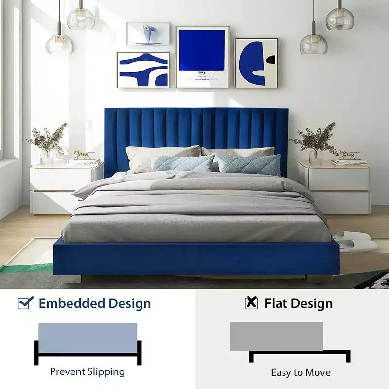 Cadre de lit rembourré Costway taille double moderne avec tête de lit capitonnée verticale, sommier tapissier non requis, bleu marine/gris