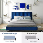 Cadre de lit rembourré Costway taille double moderne avec tête de lit capitonnée verticale, sommier tapissier non requis, bleu marine/gris