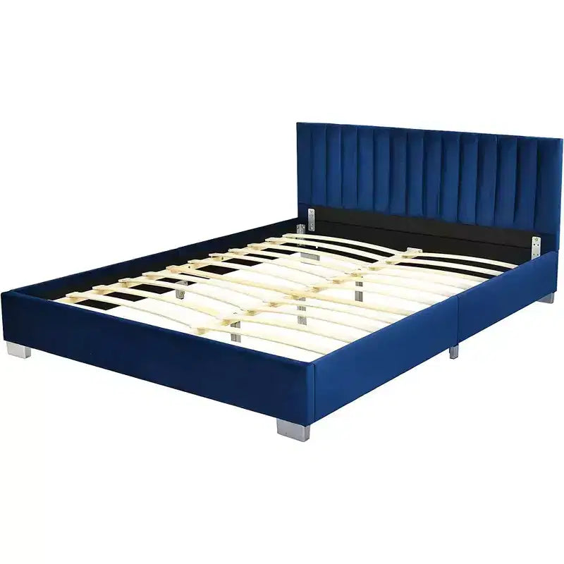 Cadre de lit rembourré Costway taille double moderne avec tête de lit capitonnée verticale, sommier tapissier non requis, bleu marine/gris