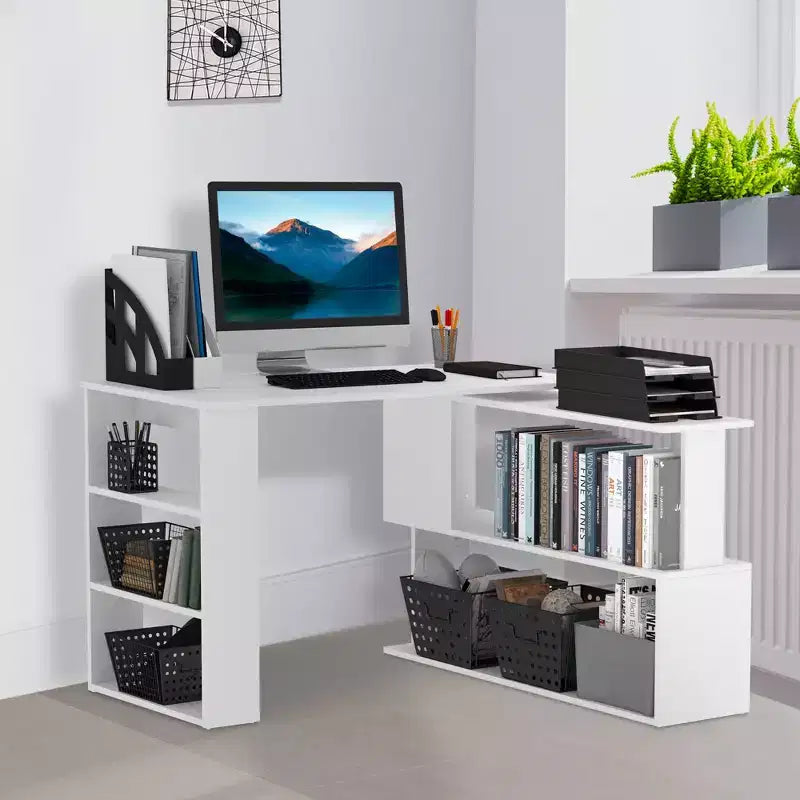 HOMCOM Bureau d'angle en L rotatif à 360° avec étagères de rangement, poste de travail de bureau à domicile