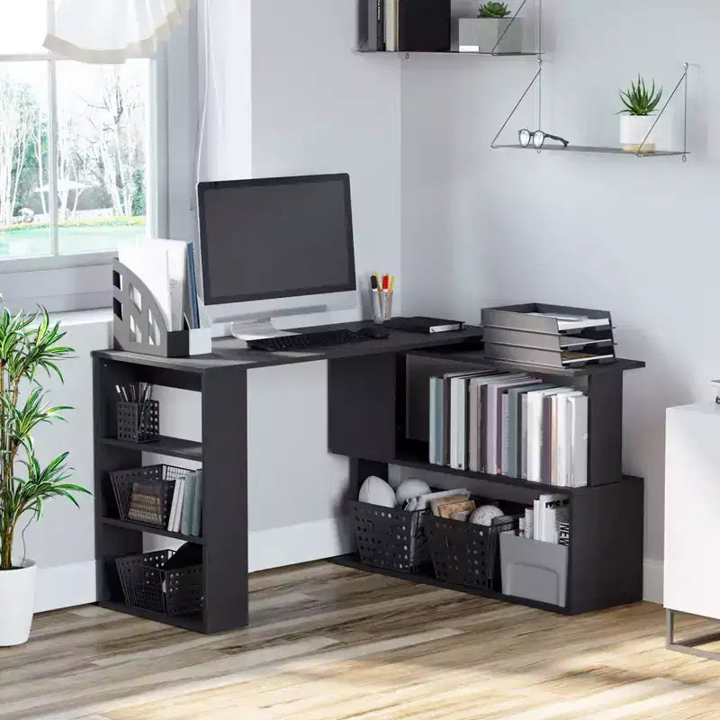HOMCOM Bureau d'angle en L rotatif à 360° avec étagères de rangement, poste de travail de bureau à domicile