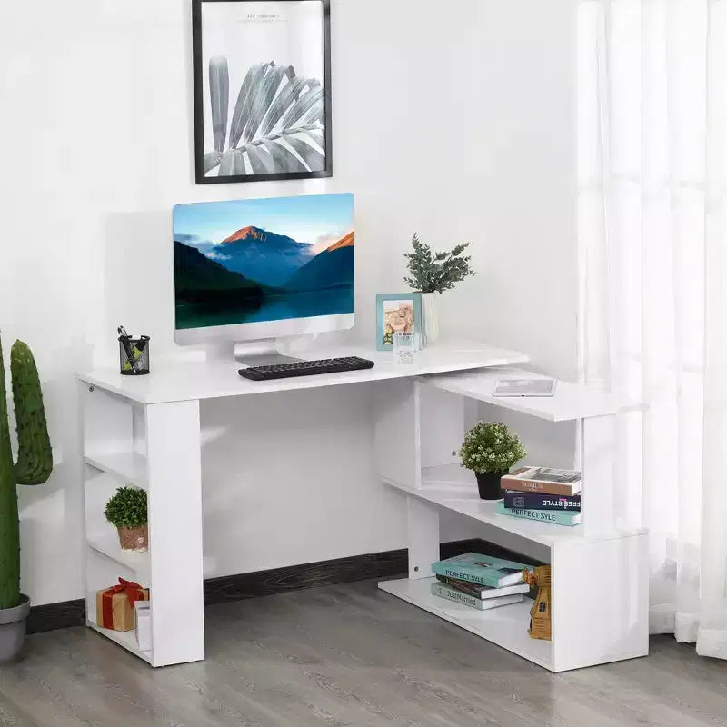 HOMCOM Bureau d'angle en L rotatif à 360° avec étagères de rangement, poste de travail de bureau à domicile