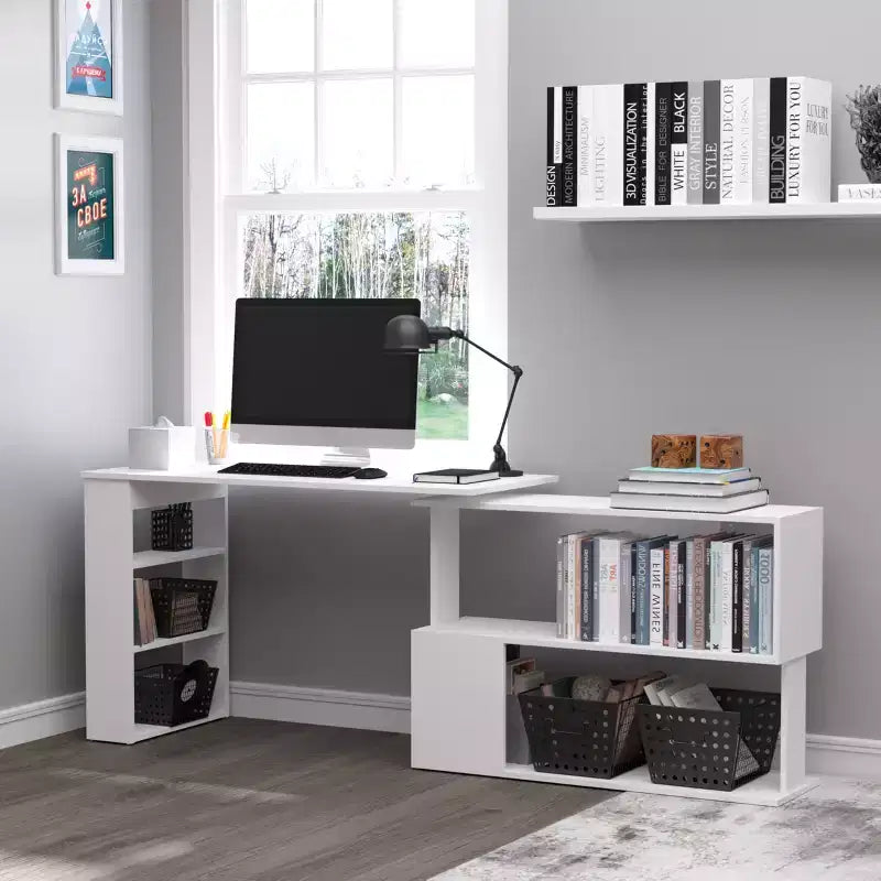 HOMCOM Bureau d'angle en L rotatif à 360° avec étagères de rangement, poste de travail de bureau à domicile