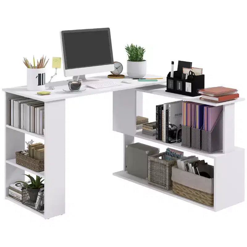HOMCOM Bureau d'angle en L rotatif à 360° avec étagères de rangement, poste de travail de bureau à domicile