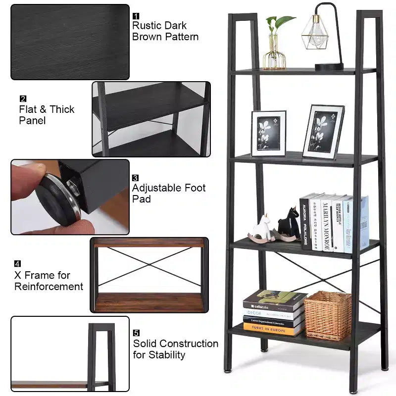 Étagère échelle en bois Costway à 4 niveaux, bibliothèque, étagère de rangement