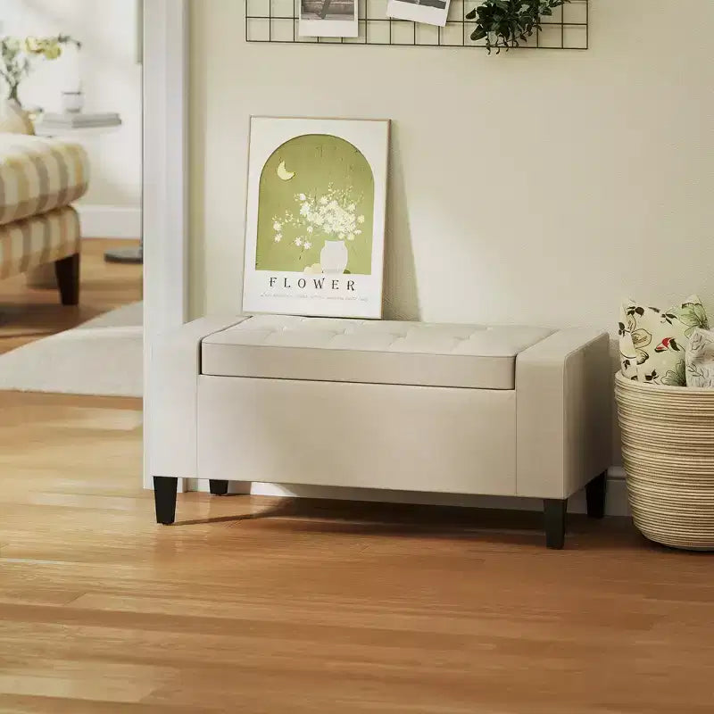 HOMCOM Banc Coffre de Rangement en Lin, Repose-Pieds Matelassé avec Couvercle Relevable pour Salon, Entrée ou Chambre, Beige