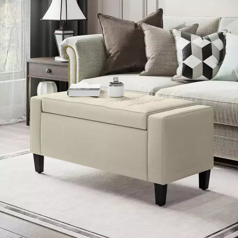HOMCOM Banc Coffre de Rangement en Lin, Repose-Pieds Matelassé avec Couvercle Relevable pour Salon, Entrée ou Chambre, Beige