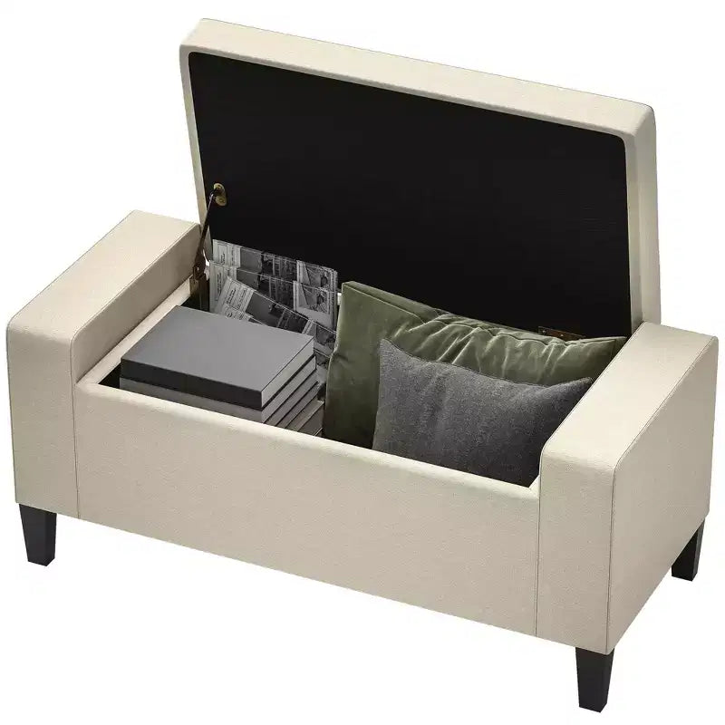 HOMCOM Banc Coffre de Rangement en Lin, Repose-Pieds Matelassé avec Couvercle Relevable pour Salon, Entrée ou Chambre, Beige