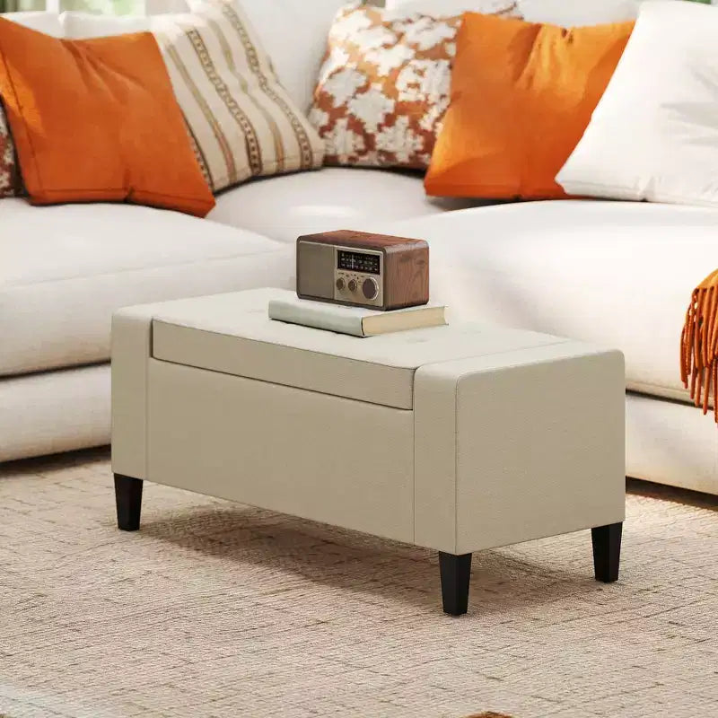 HOMCOM Banc Coffre de Rangement en Lin, Repose-Pieds Matelassé avec Couvercle Relevable pour Salon, Entrée ou Chambre, Beige