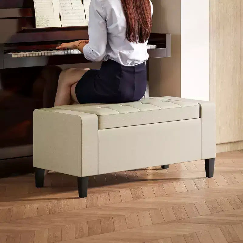 HOMCOM Banc Coffre de Rangement en Lin, Repose-Pieds Matelassé avec Couvercle Relevable pour Salon, Entrée ou Chambre, Beige