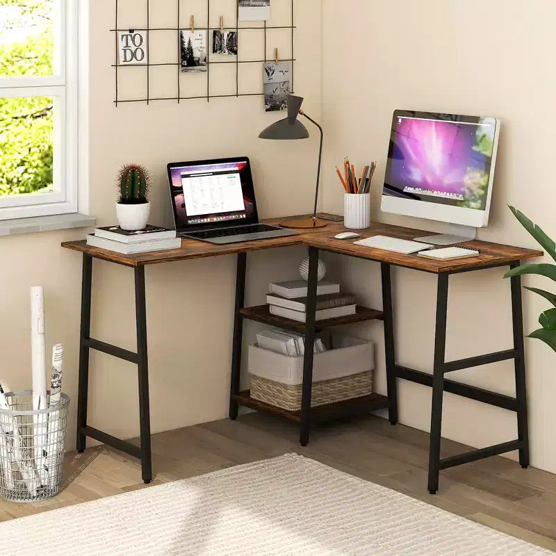 Costway Bureau d'angle en forme de L avec étagères de rangement Noir/Brun Rustique