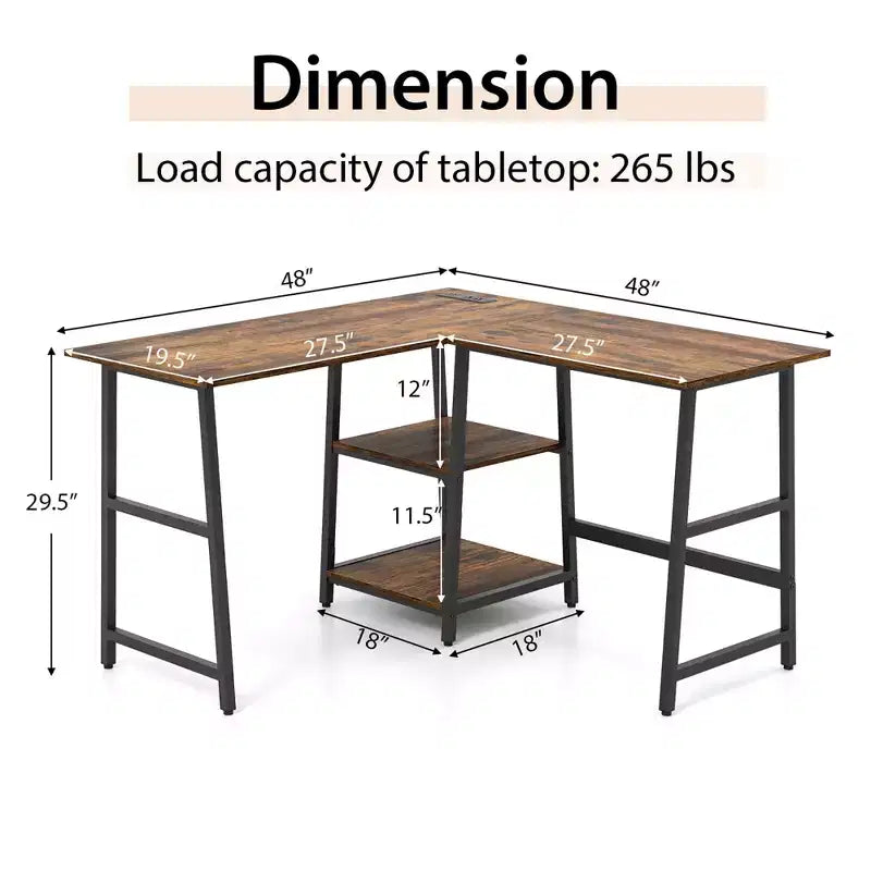 Costway Bureau d'angle en forme de L avec étagères de rangement Noir/Brun Rustique