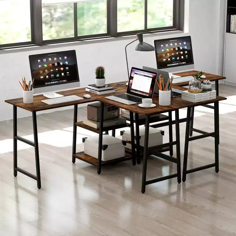 Costway Bureau d'angle en forme de L avec étagères de rangement Noir/Brun Rustique