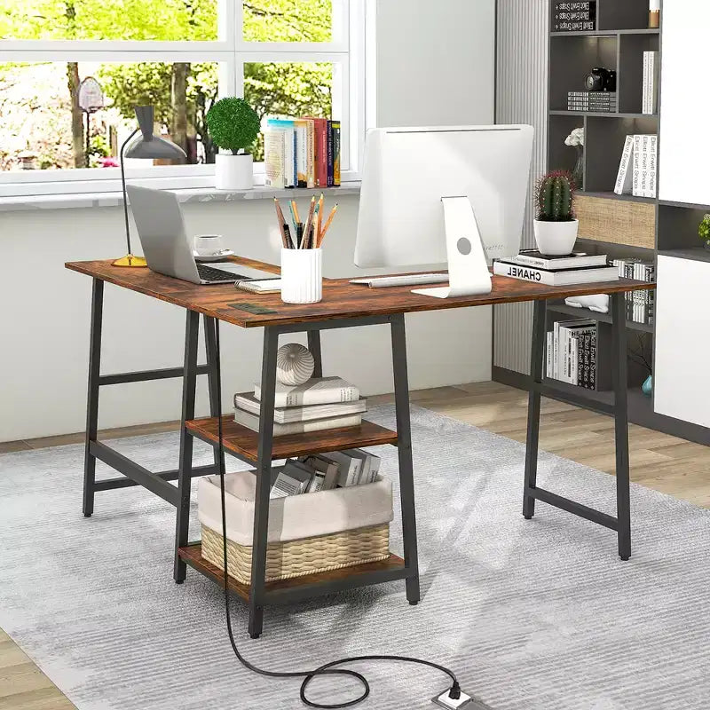 Costway Bureau d'angle en forme de L avec étagères de rangement Noir/Brun Rustique