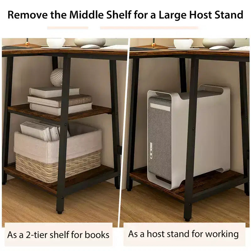 Costway Bureau d'angle en forme de L avec étagères de rangement Noir/Brun Rustique