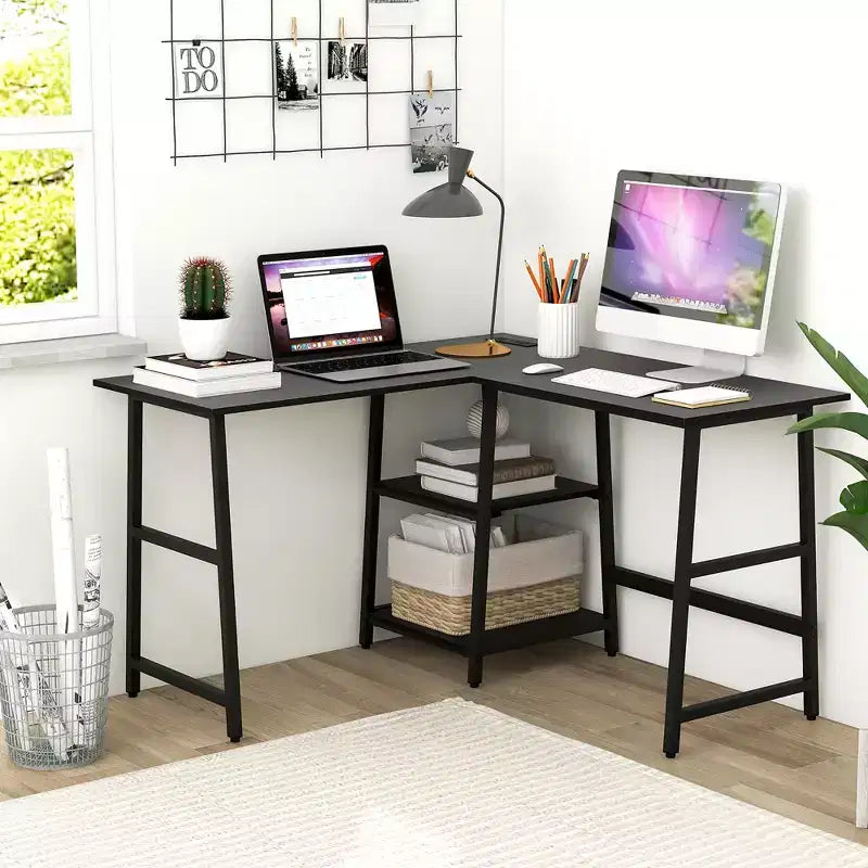 Costway Bureau d'angle en forme de L avec étagères de rangement Noir/Brun Rustique