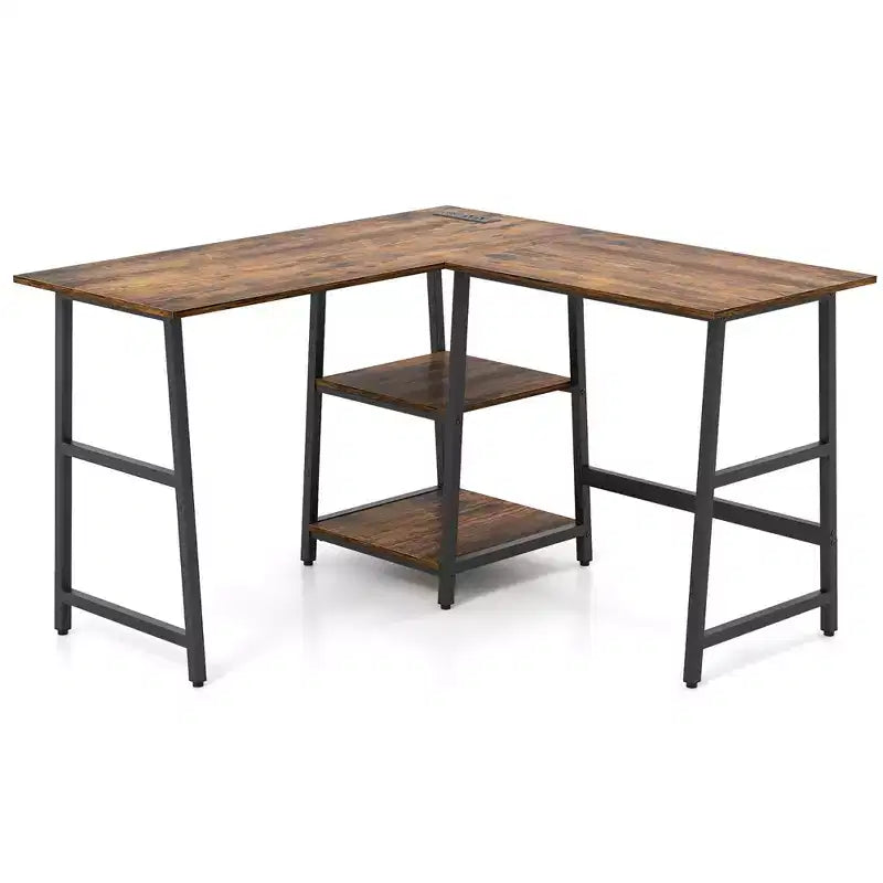 Costway Bureau d'angle en forme de L avec étagères de rangement Noir/Brun Rustique