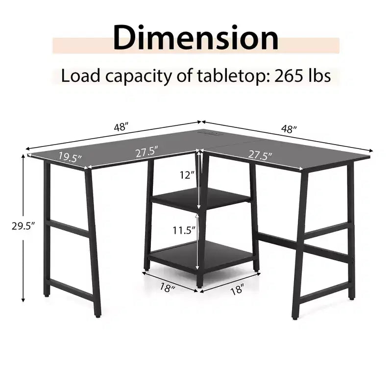 Costway Bureau d'angle en forme de L avec étagères de rangement Noir/Brun Rustique