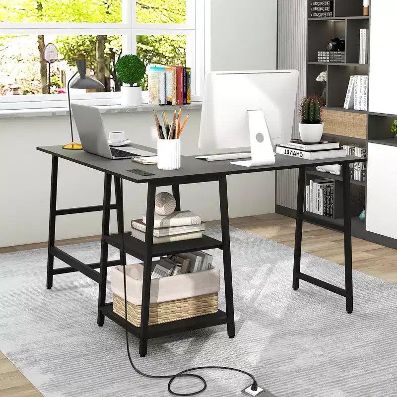 Costway Bureau d'angle en forme de L avec étagères de rangement Noir/Brun Rustique