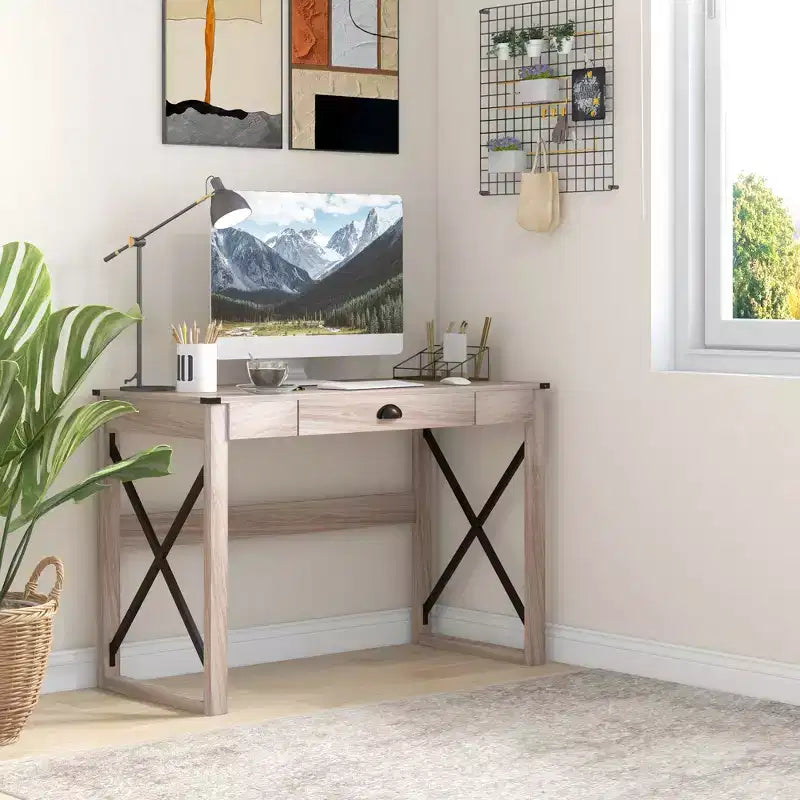 Bureau d'ordinateur de bureau HOMCOM, bureau rustique, poste de travail de style ferme avec tiroir de rangement, cadre en X