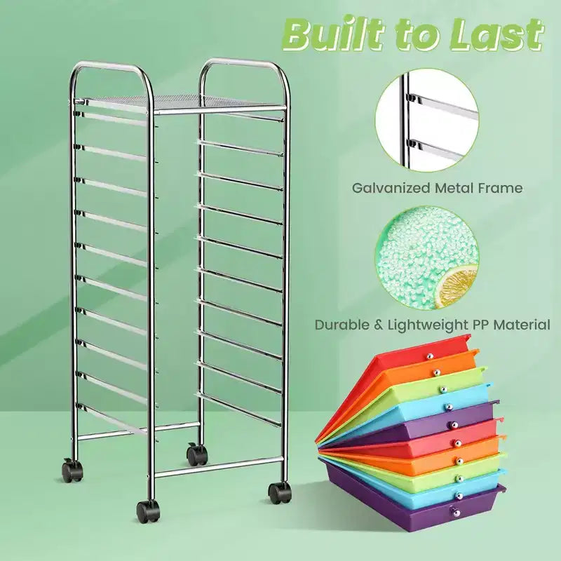 Costway Chariot de rangement à 10 tiroirs, Organiseur de scrapbooking, bureau, école, Multicolore