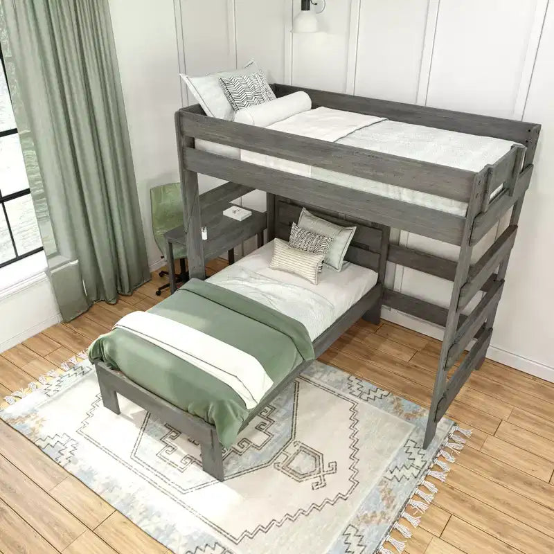 Lit superposé en L Max & Lily Farmhouse, double sur double, avec bureau